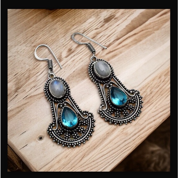 Rainbow Moonstone & Blue Topaz Drop Dangle Hook Style Earrings 2" L New With Tag - Picture 15 of 16